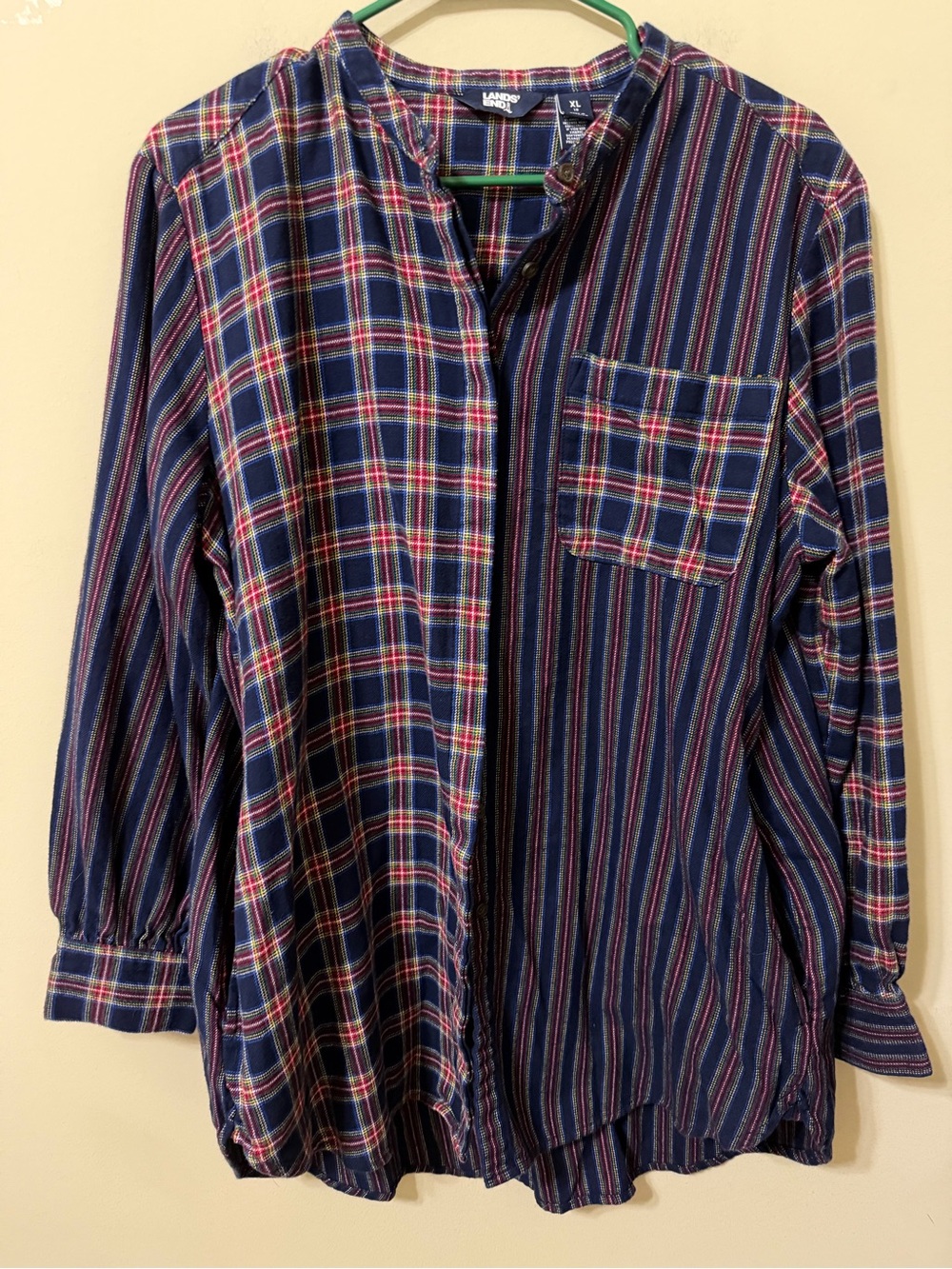 Lands' End women’s xl 18 oversized Mixed Plaid & Stripe Button-Down front pocket